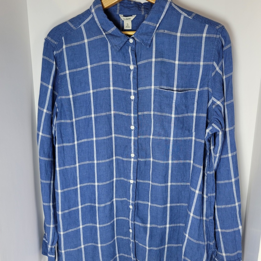 LL Bean Womens XL Blue White Windowpane Plaid 100% Linen Button Down Shirt